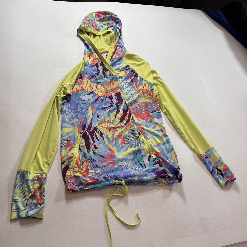 Title Nine Rash Guard Shirt Womens Medium Multicolor Tropical Hooded Zip Pockets